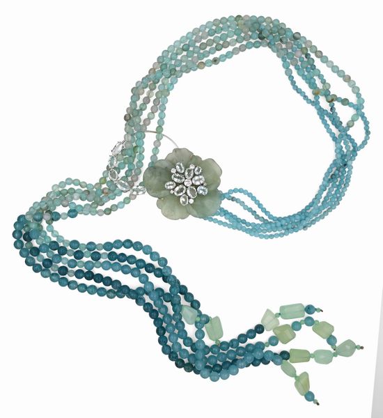 Collana a sciarpina in oro, acquamarine e agata azzurra  - Asta Importanti Gioielli e Orologi da polso e da tasca - Associazione Nazionale - Case d'Asta italiane