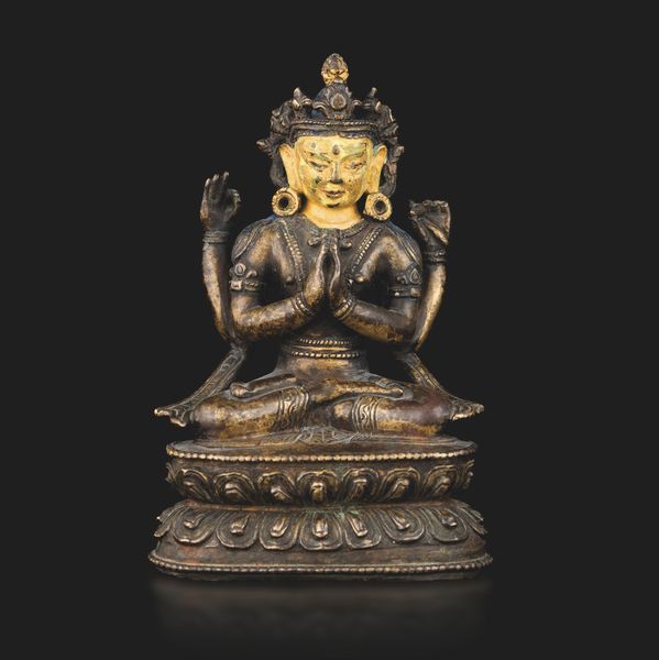 Figura di Shadakshara seduto su doppio fior di loto in bronzo parzialmente dorato e freddo, Tibet, XVIII secolo  - Asta Fine Asian Works of Art - Associazione Nazionale - Case d'Asta italiane