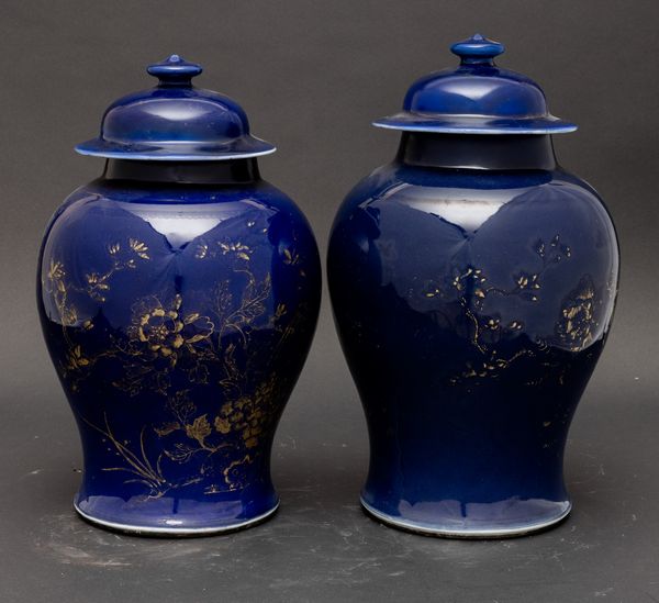 Coppia di potiche in porcellana monocroma blu poudrè a decoro naturalistico lumeggiato in color oro, Cina, Dinastia Qing, epoca Qianlong (1736-1796)  - Asta Fine Asian Works of Art - Associazione Nazionale - Case d'Asta italiane