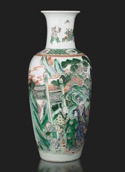 Vaso in porcellana Famiglia Verde con paesaggio e personaggi, Cina, XIX secolo  - Asta Fine Asian Works of Art - Associazione Nazionale - Case d'Asta italiane