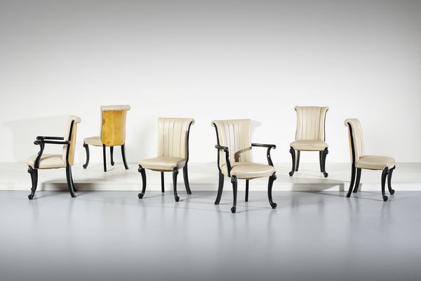 HARRY & LOU EPSTEIN : Quattro sedie e due capotavola con gambe anteriori e braccioli mossi e decorati a volute  - Asta Asta 458 | DESIGN E ARTI DECORATIVE DEL NOVECENTO Online - Associazione Nazionale - Case d'Asta italiane