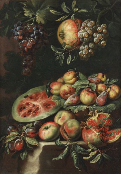 BERENTZ CHRISTIAN (1658 - 1722) : Natura morta di melograno, pesche, mele, melone, prugne e uva  - Asta Asta 460 | ARTE ANTICA E DEL XIX SECOLO - Da una dimora veneta e altre committenze Tradizionale - Associazione Nazionale - Case d'Asta italiane