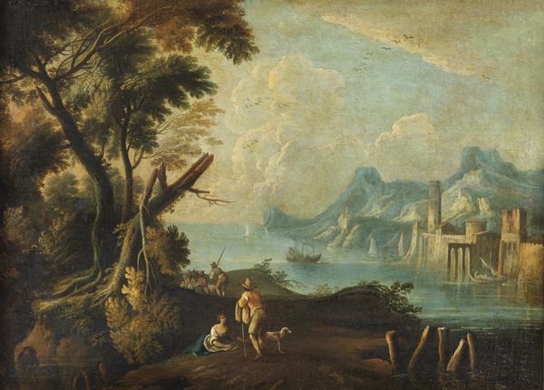 ARTISTA VENETO DEL XVIII SECOLO : Paesaggio con personaggi nei pressi di una marina con una citt fortificata sulla costa  - Asta Asta 460 | ARTE ANTICA E DEL XIX SECOLO - Da una dimora veneta e altre committenze Tradizionale - Associazione Nazionale - Case d'Asta italiane