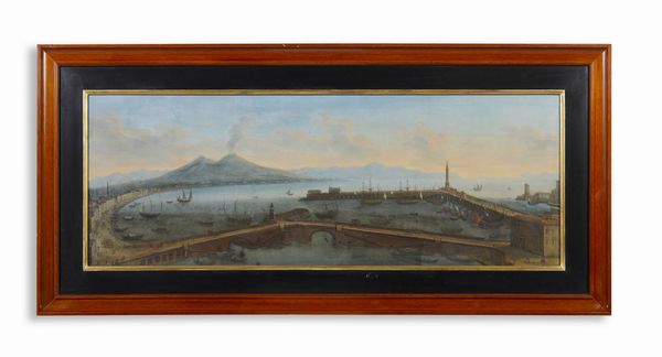 RUIZ (ATTIVO TRA IL 1710-1750) TOMMASO : Veduta del porto di Napoli con il Ponte Nuovo e il Faro del Molo San Vincenzo, il Vesuvio sullo sfondo  - Asta Asta 460 | ARTE ANTICA E DEL XIX SECOLO - Da una dimora veneta e altre committenze Tradizionale - Associazione Nazionale - Case d'Asta italiane