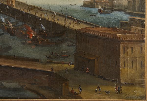 RUIZ (ATTIVO TRA IL 1710-1750) TOMMASO : Veduta del porto di Napoli con il Ponte Nuovo e il Faro del Molo San Vincenzo, il Vesuvio sullo sfondo  - Asta Asta 460 | ARTE ANTICA E DEL XIX SECOLO - Da una dimora veneta e altre committenze Tradizionale - Associazione Nazionale - Case d'Asta italiane