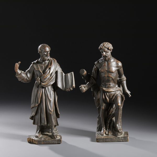 SCULTORE ITALIANO DEL XVIII SECOLO : Due sculture in legno patinato raffiguranti un Evangelista e Sant'Andrea  - Asta Asta 460 | ARTE ANTICA E DEL XIX SECOLO - Da una dimora veneta e altre committenze Tradizionale - Associazione Nazionale - Case d'Asta italiane