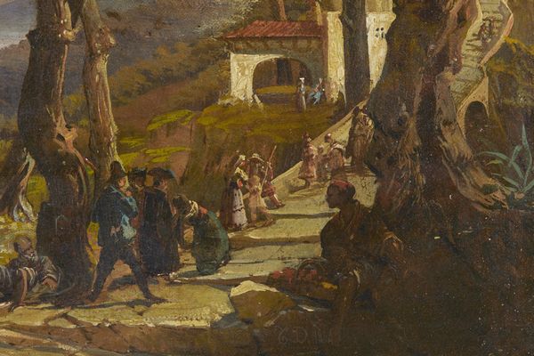 DUCLERE TEODORO (1816 - 1869) : Paesaggio costiero presso Sorrento con personaggi  - Asta Asta 460 | ARTE ANTICA E DEL XIX SECOLO - Da una dimora veneta e altre committenze Tradizionale - Associazione Nazionale - Case d'Asta italiane