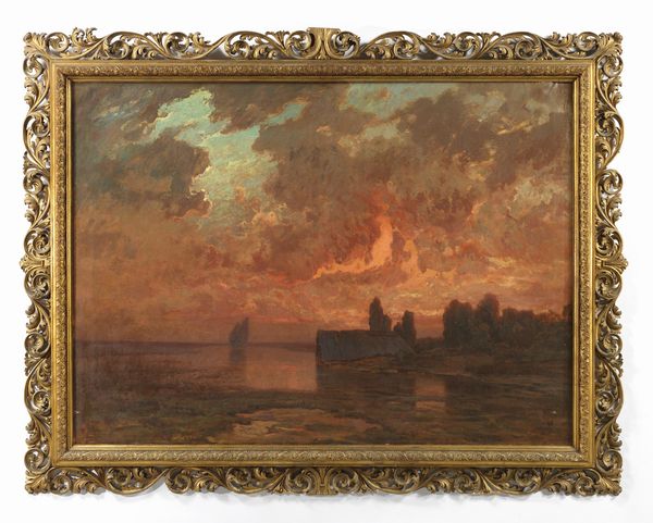 SARTORELLI FRANCESCO (1856 - 1939) : Tramonto in laguna  - Asta Asta 460 | ARTE ANTICA E DEL XIX SECOLO - Da una dimora veneta e altre committenze Tradizionale - Associazione Nazionale - Case d'Asta italiane