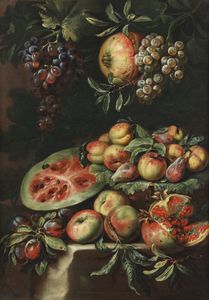 BERENTZ CHRISTIAN (1658 - 1722) - Natura morta di melograno, pesche, mele, melone, prugne e uva