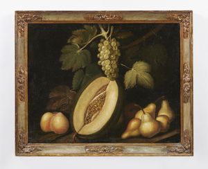 MELENDEZ LUIS (1716 - 1780) : Seguace di. Natura morta con melone, pere e uva  - Asta Asta 460 | ARTE ANTICA E DEL XIX SECOLO - Da una dimora veneta e altre committenze Tradizionale - Associazione Nazionale - Case d'Asta italiane