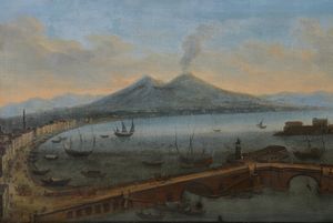 RUIZ (ATTIVO TRA IL 1710-1750) TOMMASO : Veduta del porto di Napoli con il Ponte Nuovo e il Faro del Molo San Vincenzo, il Vesuvio sullo sfondo  - Asta Asta 460 | ARTE ANTICA E DEL XIX SECOLO - Da una dimora veneta e altre committenze Tradizionale - Associazione Nazionale - Case d'Asta italiane