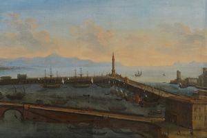 RUIZ (ATTIVO TRA IL 1710-1750) TOMMASO : Veduta del porto di Napoli con il Ponte Nuovo e il Faro del Molo San Vincenzo, il Vesuvio sullo sfondo  - Asta Asta 460 | ARTE ANTICA E DEL XIX SECOLO - Da una dimora veneta e altre committenze Tradizionale - Associazione Nazionale - Case d'Asta italiane