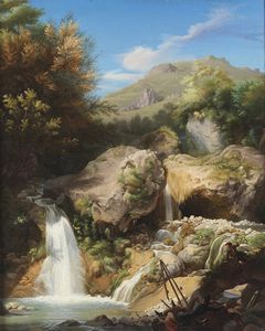 SCURI ENRICO (1805 - 1884) - Cascata del Gandellino sul Serio col pittore Rosa