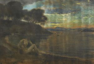 MNARD MILE-REN (1861 - 1930) : 'Rverie' al tramonto  - Asta Asta 460 | ARTE ANTICA E DEL XIX SECOLO - Da una dimora veneta e altre committenze Tradizionale - Associazione Nazionale - Case d'Asta italiane