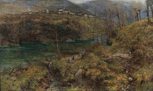 SOLDINI ARNALDO (1862 - 1936) - Paesaggio montano con fiume (Marcheno?)