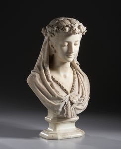 ZANNONI UGO (1836 - 1898) - Busto di fanciulla con velo e ghirlanda di fiori