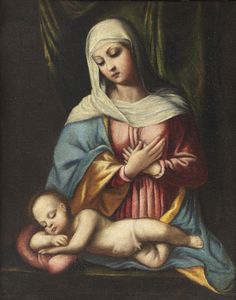 BONVICINO DETTO IL MORETTO (1490/98-1554) ALESSANDRO : Cerchia di. Madonna con Bambino  - Asta Asta 460 | ARTE ANTICA E DEL XIX SECOLO - Da una dimora veneta e altre committenze Tradizionale - Associazione Nazionale - Case d'Asta italiane