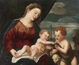ARTISTA VENETO DEL XVI SECOLO - Madonna con Bambino e San Giovannino