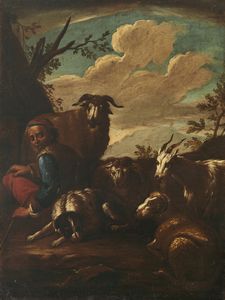 PHILIPP PETER ROOS DETTO ROSA DA TIVOLI  (1657 - 1706) : Paesaggio con pastore e animali  - Asta Asta 460 | ARTE ANTICA E DEL XIX SECOLO - Da una dimora veneta e altre committenze Tradizionale - Associazione Nazionale - Case d'Asta italiane