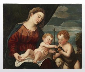 ARTISTA VENETO DEL XVI SECOLO : Madonna con Bambino e San Giovannino  - Asta Asta 460 | ARTE ANTICA E DEL XIX SECOLO - Da una dimora veneta e altre committenze Tradizionale - Associazione Nazionale - Case d'Asta italiane