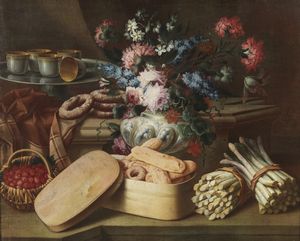 MUNARI CRISTOFORO (1667 - 1720) - Attribuito a. Natura morta con vaso di fiori, asparagi, biscotti, lamponi e tazzine