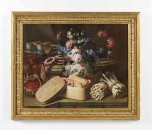 MUNARI CRISTOFORO (1667 - 1720) : Attribuito a. Natura morta con vaso di fiori, asparagi, biscotti, lamponi e tazzine  - Asta Asta 460 | ARTE ANTICA E DEL XIX SECOLO - Da una dimora veneta e altre committenze Tradizionale - Associazione Nazionale - Case d'Asta italiane