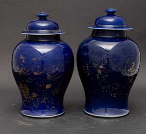 Coppia di potiche in porcellana monocroma blu poudr a decoro naturalistico lumeggiato in color oro, Cina, Dinastia Qing, epoca Qianlong (1736-1796)  - Asta Arte Orientale - Associazione Nazionale - Case d'Asta italiane