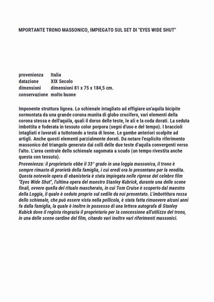 Trono ligneo  con Corona - Eyes Wide Shut di Stanley Kubrick (1999)  - Asta Mobili, Oggetti d'arte e Vetri da collezione - Associazione Nazionale - Case d'Asta italiane