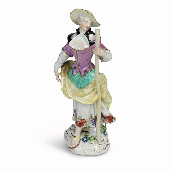 Figurina di pellegrina <BR>Meissen, 1750 circa <BR>Probabile modello di Friedrich Elias Meyer<BR>  - Asta Maioliche e Porcellane da Collezione - Associazione Nazionale - Case d'Asta italiane