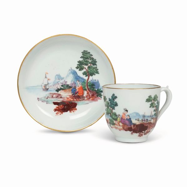 Tazza con piattino<BR>Nove, Manifattura Antonibon, 1790-1800 circa<BR>Pittura di Giovanni Marcon (1771-1831)  - Asta Maioliche e Porcellane da Collezione - Associazione Nazionale - Case d'Asta italiane