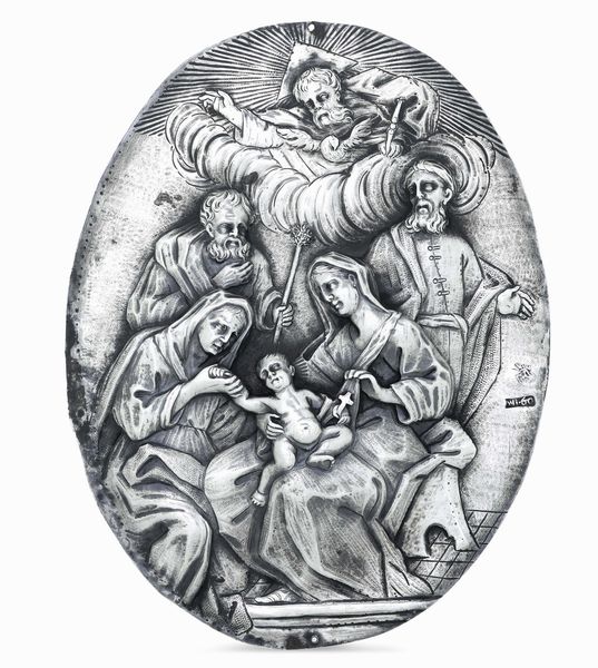 Placca raffigurante Madonna con Bambino, San Giuseppe, Sant'Anna, Dio Padre e San Giovanni da Arimatea. Oreficeria barocca siciliana, Messina, marchio consolare per l'anno 1860  - Asta Argenti da collezione | Antichi - Associazione Nazionale - Case d'Asta italiane