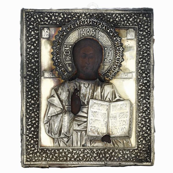 Cristo Pantocratore. Icona su tavola. Mosca, 1882. Assaggiatore Alexej Kulikov. Marchio dell'argentiere A.B. (non identificato)  - Asta Argenti da collezione | Antichi - Associazione Nazionale - Case d'Asta italiane