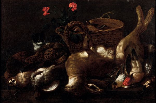 Simone del Tintore : Natura morta con selvaggina, un gatto e una grande cesta con due garofani rossi  - Asta Old Masters - Associazione Nazionale - Case d'Asta italiane