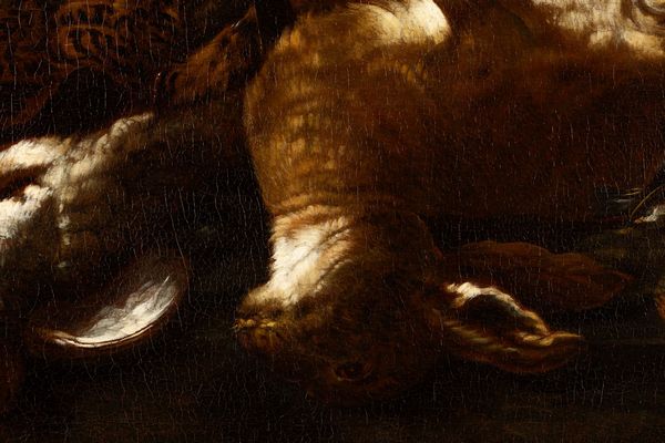 Simone del Tintore : Natura morta con selvaggina, un gatto e una grande cesta con due garofani rossi  - Asta Old Masters - Associazione Nazionale - Case d'Asta italiane