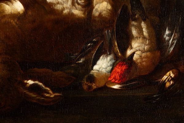 Simone del Tintore : Natura morta con selvaggina, un gatto e una grande cesta con due garofani rossi  - Asta Old Masters - Associazione Nazionale - Case d'Asta italiane