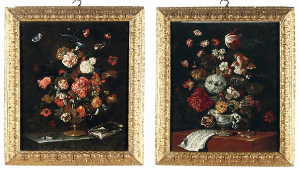 Scuola emiliana della seconda met del XVII secolo Nature morte con vasi di fiori, spartito e libro  - Asta Old Masters - Associazione Nazionale - Case d'Asta italiane