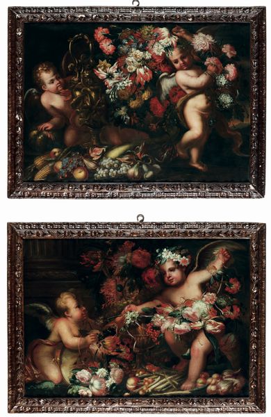 Artista fiammingo attivo a Roma alla fine del XVII secolo Composizioni di fiori e frutti con putti  - Asta Old Masters - Associazione Nazionale - Case d'Asta italiane