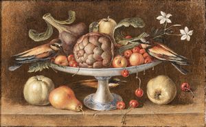 Orsola Maddalena Caccia - Natura morta con alzatina di frutta e tre gruccioni