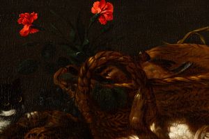 Simone del Tintore : Natura morta con selvaggina, un gatto e una grande cesta con due garofani rossi  - Asta Old Masters - Associazione Nazionale - Case d'Asta italiane