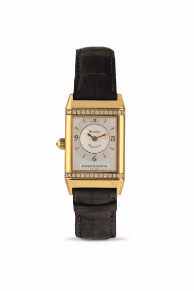 Jaeger-LeCoultre : Reverso Duetto Lady in oro giallo 18k con diamanti, doppio quadrante completo di scatola e garanzia originali  - Asta Orologi da Polso - Associazione Nazionale - Case d'Asta italiane