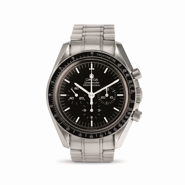 OMEGA : Sportivo Speedmaster Professional ref 145.0022 in acciaio inossidabile con anse elicoidale, ghiera tachimetrica e tasti a pompa, carica manuale e vetro plexiglass  - Asta Orologi da Polso - Associazione Nazionale - Case d'Asta italiane