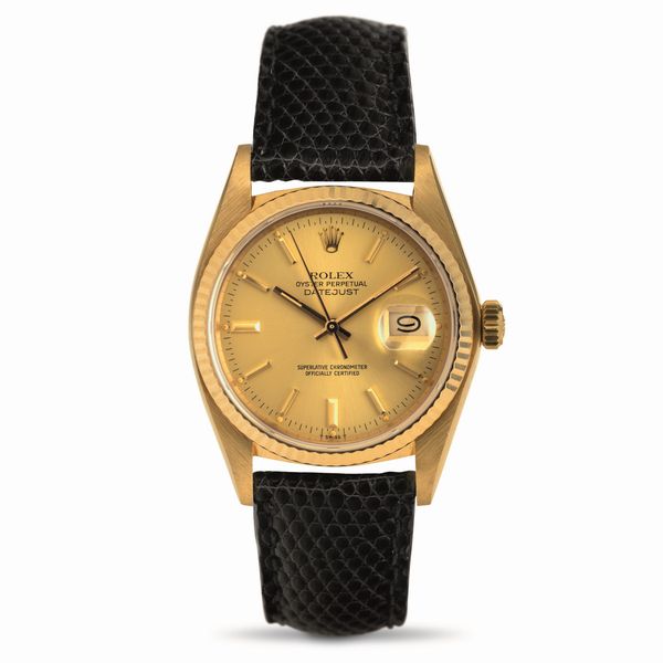 ROLEX : Datejust ref 16018 in oro giallo 18k, quadrante champagne con indici applicati, carica automatica  - Asta Orologi da Polso - Associazione Nazionale - Case d'Asta italiane