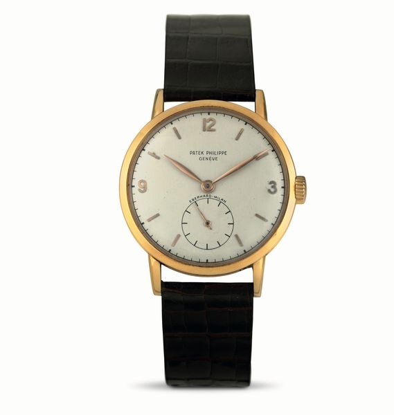 PATEK PHILIPPE : Raro ed elegante Calatrava ref 1513 in oro giallo 18k, quadrante retailer Eberhard Milano, numeri arabi applicati e piccoli secondi in basso  - Asta Orologi da Polso - Associazione Nazionale - Case d'Asta italiane