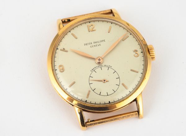 PATEK PHILIPPE : Raro ed elegante Calatrava ref 1513 in oro giallo 18k, quadrante retailer Eberhard Milano, numeri arabi applicati e piccoli secondi in basso  - Asta Orologi da Polso - Associazione Nazionale - Case d'Asta italiane