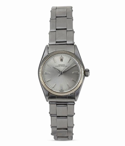 ROLEX : Oyster Perpetual, ref 6551, quadrante argent con indici a bastone, bracciale rivettato elastico con scatola originale e garanzia  - Asta Orologi da Polso - Associazione Nazionale - Case d'Asta italiane