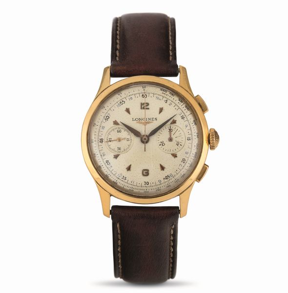 LONGINES : Cronografo Flyback cal 30ch in oro giallo 18k tasti quadri due contatori  - Asta Orologi da Polso - Associazione Nazionale - Case d'Asta italiane