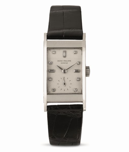 PATEK PHILIPPE : Tegola ref 2461 in platino di forma rettangolare quadrante Argent indici in diamanti e piccoli secondi  - Asta Orologi da Polso - Associazione Nazionale - Case d'Asta italiane