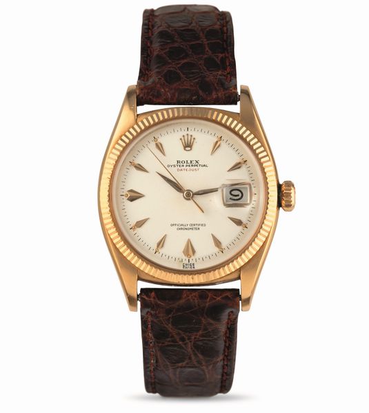 ROLEX : Raro ed elegante Datejust Ovettone scritta rossa ref 6305, in oro rosa 18k, quadrante Argent gren con indici fantasia, carica automatica  - Asta Orologi da Polso - Associazione Nazionale - Case d'Asta italiane