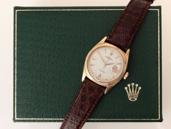 ROLEX : Raro ed elegante Datejust Ovettone scritta rossa ref 6305, in oro rosa 18k, quadrante Argent gren con indici fantasia, carica automatica  - Asta Orologi da Polso - Associazione Nazionale - Case d'Asta italiane