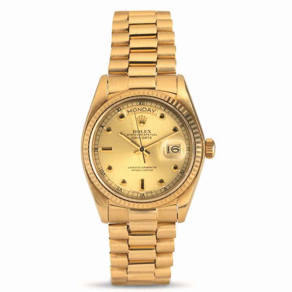 ROLEX : Elegante Daydate in oro 18k, ref 18038, quadrante champagne Pinball, bracciale President con chiusura deployante  - Asta Orologi da Polso - Associazione Nazionale - Case d'Asta italiane